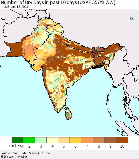 Southern Asia Number of Dry Days in past 10 days (USAF 557th WW) Thematic Map For 7/11/2023 - 7/15/2023