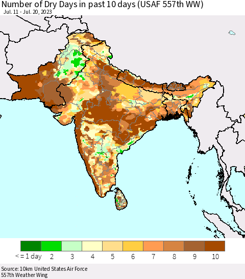 Southern Asia Number of Dry Days in past 10 days (USAF 557th WW) Thematic Map For 7/16/2023 - 7/20/2023