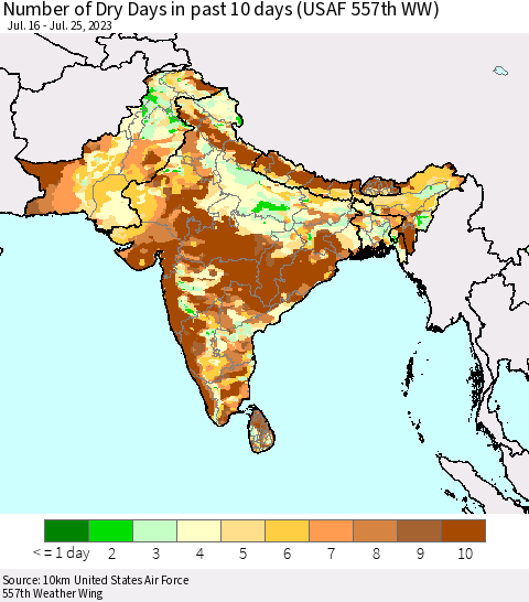 Southern Asia Number of Dry Days in past 10 days (USAF 557th WW) Thematic Map For 7/21/2023 - 7/25/2023