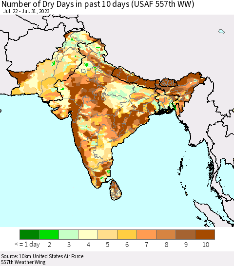 Southern Asia Number of Dry Days in past 10 days (USAF 557th WW) Thematic Map For 7/26/2023 - 7/31/2023