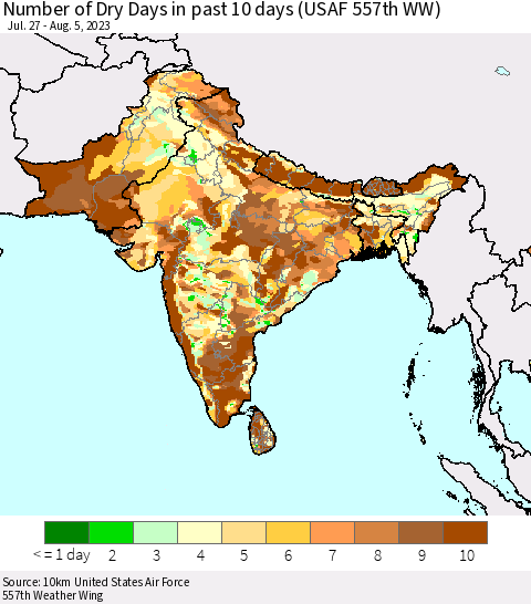 Southern Asia Number of Dry Days in past 10 days (USAF 557th WW) Thematic Map For 8/1/2023 - 8/5/2023