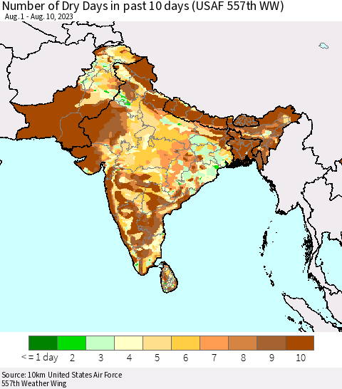 Southern Asia Number of Dry Days in past 10 days (USAF 557th WW) Thematic Map For 8/6/2023 - 8/10/2023