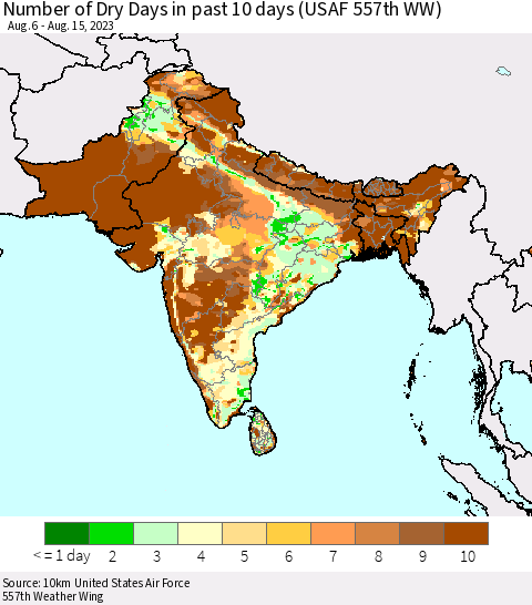 Southern Asia Number of Dry Days in past 10 days (USAF 557th WW) Thematic Map For 8/11/2023 - 8/15/2023
