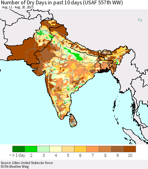 Southern Asia Number of Dry Days in past 10 days (USAF 557th WW) Thematic Map For 8/16/2023 - 8/20/2023