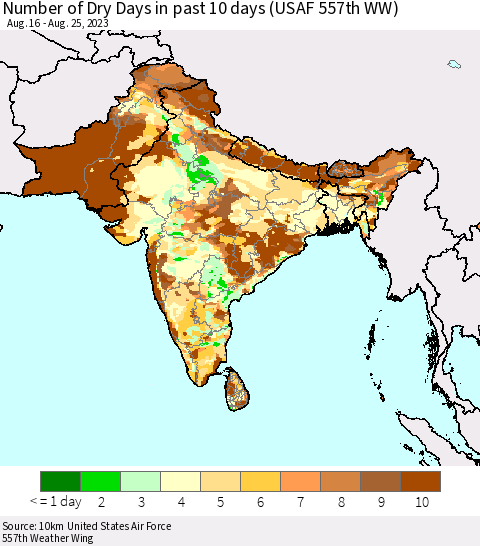 Southern Asia Number of Dry Days in past 10 days (USAF 557th WW) Thematic Map For 8/21/2023 - 8/25/2023