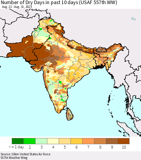 Southern Asia Number of Dry Days in past 10 days (USAF 557th WW) Thematic Map For 8/26/2023 - 8/31/2023
