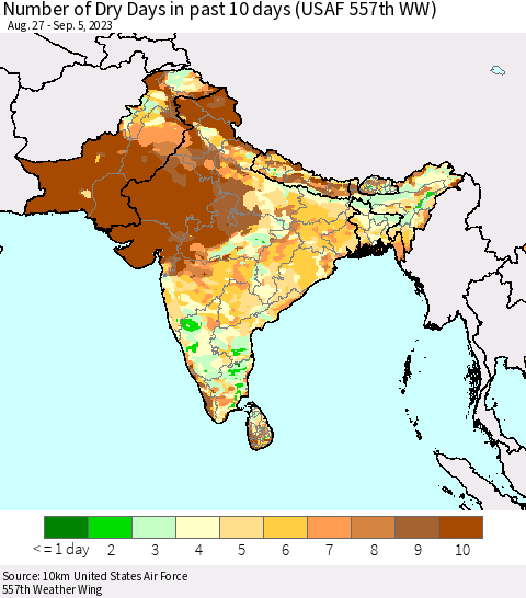 Southern Asia Number of Dry Days in past 10 days (USAF 557th WW) Thematic Map For 9/1/2023 - 9/5/2023