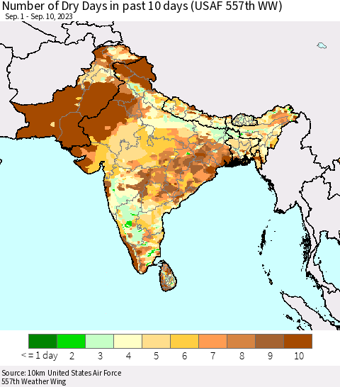 Southern Asia Number of Dry Days in past 10 days (USAF 557th WW) Thematic Map For 9/6/2023 - 9/10/2023