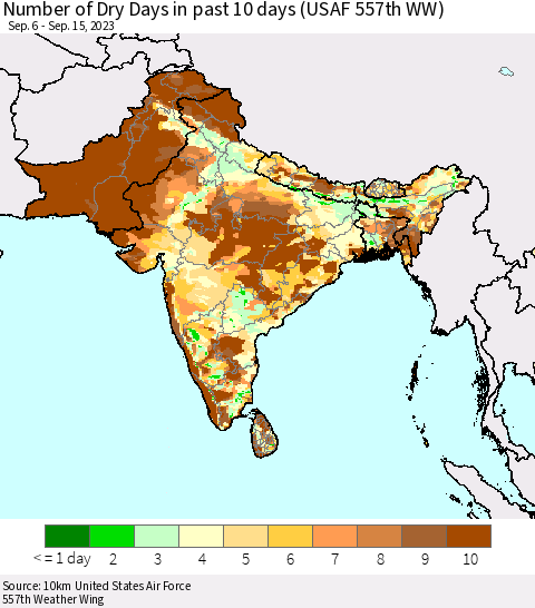 Southern Asia Number of Dry Days in past 10 days (USAF 557th WW) Thematic Map For 9/11/2023 - 9/15/2023