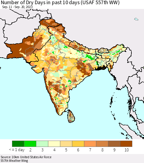 Southern Asia Number of Dry Days in past 10 days (USAF 557th WW) Thematic Map For 9/16/2023 - 9/20/2023