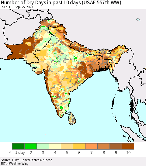 Southern Asia Number of Dry Days in past 10 days (USAF 557th WW) Thematic Map For 9/21/2023 - 9/25/2023