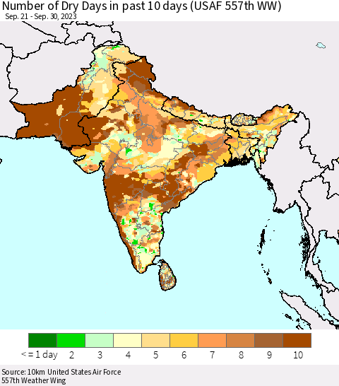 Southern Asia Number of Dry Days in past 10 days (USAF 557th WW) Thematic Map For 9/26/2023 - 9/30/2023