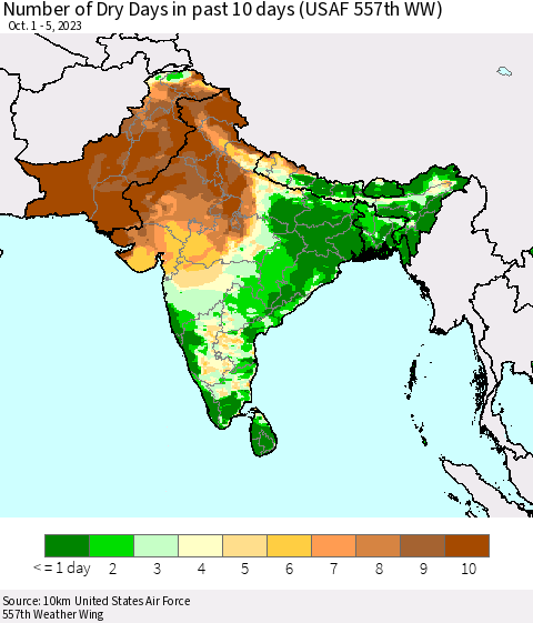 Southern Asia Number of Dry Days in past 10 days (USAF 557th WW) Thematic Map For 10/1/2023 - 10/5/2023
