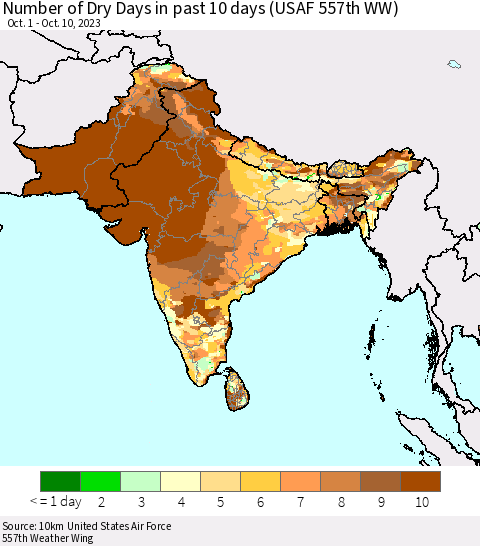 Southern Asia Number of Dry Days in past 10 days (USAF 557th WW) Thematic Map For 10/6/2023 - 10/10/2023