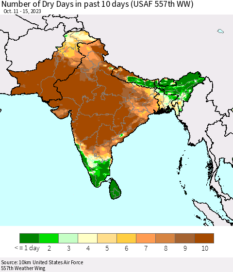 Southern Asia Number of Dry Days in past 10 days (USAF 557th WW) Thematic Map For 10/11/2023 - 10/15/2023