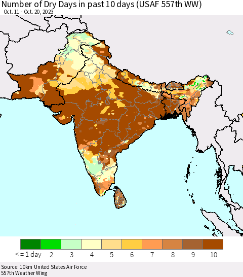 Southern Asia Number of Dry Days in past 10 days (USAF 557th WW) Thematic Map For 10/16/2023 - 10/20/2023