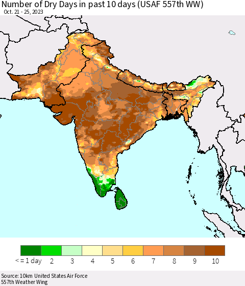 Southern Asia Number of Dry Days in past 10 days (USAF 557th WW) Thematic Map For 10/21/2023 - 10/25/2023