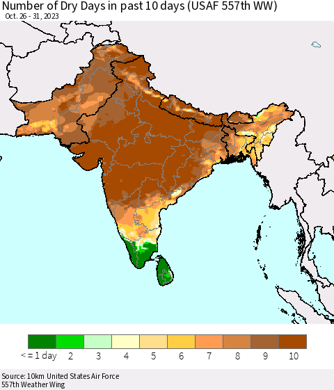 Southern Asia Number of Dry Days in past 10 days (USAF 557th WW) Thematic Map For 10/26/2023 - 10/31/2023