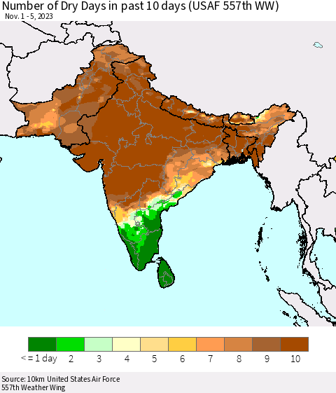 Southern Asia Number of Dry Days in past 10 days (USAF 557th WW) Thematic Map For 11/1/2023 - 11/5/2023