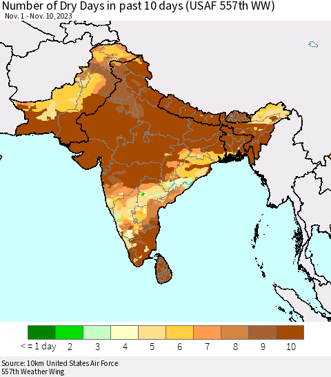 Southern Asia Number of Dry Days in past 10 days (USAF 557th WW) Thematic Map For 11/6/2023 - 11/10/2023