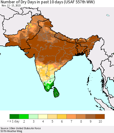 Southern Asia Number of Dry Days in past 10 days (USAF 557th WW) Thematic Map For 11/11/2023 - 11/15/2023