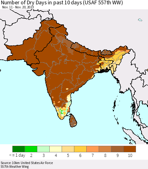 Southern Asia Number of Dry Days in past 10 days (USAF 557th WW) Thematic Map For 11/16/2023 - 11/20/2023