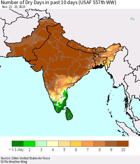 Southern Asia Number of Dry Days in past 10 days (USAF 557th WW) Thematic Map For 11/21/2023 - 11/25/2023