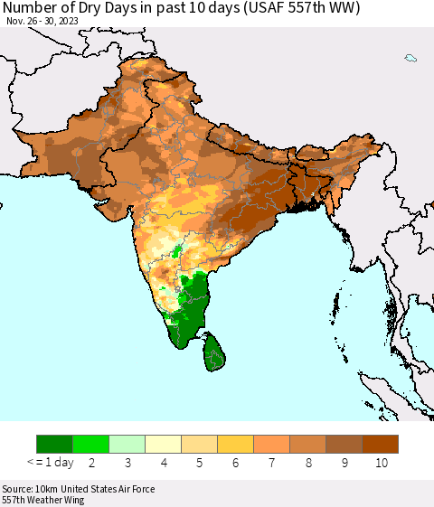 Southern Asia Number of Dry Days in past 10 days (USAF 557th WW) Thematic Map For 11/26/2023 - 11/30/2023