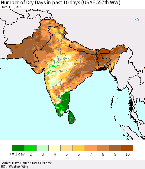 Southern Asia Number of Dry Days in past 10 days (USAF 557th WW) Thematic Map For 12/1/2023 - 12/5/2023