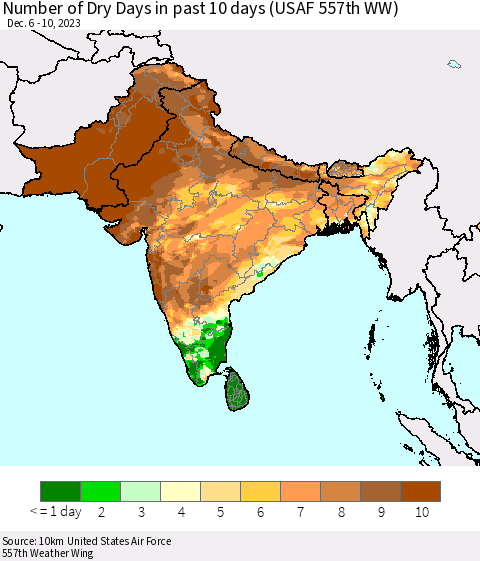 Southern Asia Number of Dry Days in past 10 days (USAF 557th WW) Thematic Map For 12/6/2023 - 12/10/2023