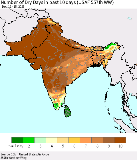 Southern Asia Number of Dry Days in past 10 days (USAF 557th WW) Thematic Map For 12/11/2023 - 12/15/2023