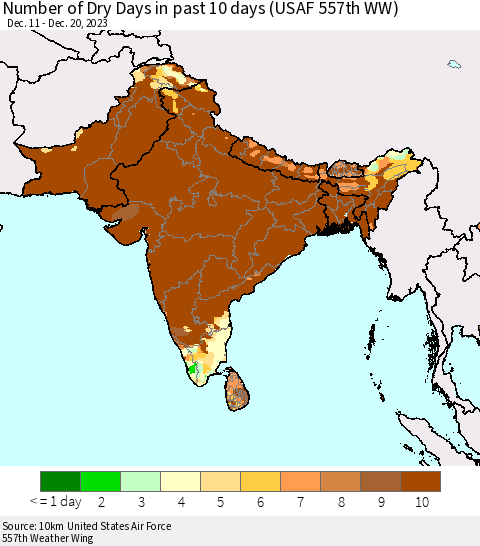 Southern Asia Number of Dry Days in past 10 days (USAF 557th WW) Thematic Map For 12/16/2023 - 12/20/2023