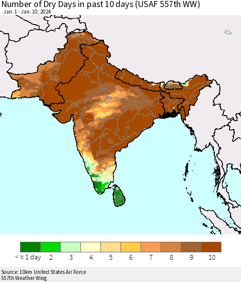 Southern Asia Number of Dry Days in past 10 days (USAF 557th WW) Thematic Map For 1/6/2024 - 1/10/2024