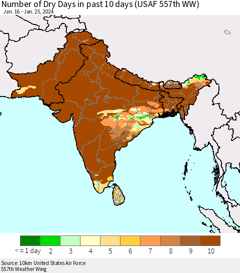 Southern Asia Number of Dry Days in past 10 days (USAF 557th WW) Thematic Map For 1/21/2024 - 1/25/2024