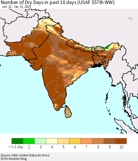 Southern Asia Number of Dry Days in past 10 days (USAF 557th WW) Thematic Map For 1/26/2024 - 1/31/2024