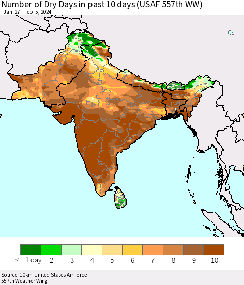 Southern Asia Number of Dry Days in past 10 days (USAF 557th WW) Thematic Map For 2/1/2024 - 2/5/2024