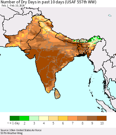 Southern Asia Number of Dry Days in past 10 days (USAF 557th WW) Thematic Map For 2/6/2024 - 2/10/2024