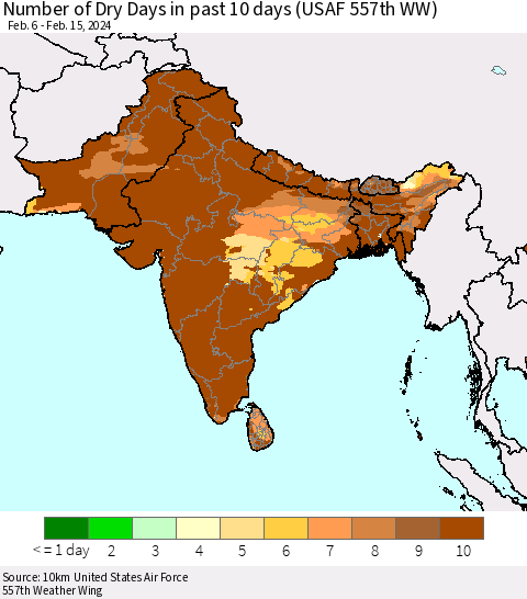 Southern Asia Number of Dry Days in past 10 days (USAF 557th WW) Thematic Map For 2/11/2024 - 2/15/2024