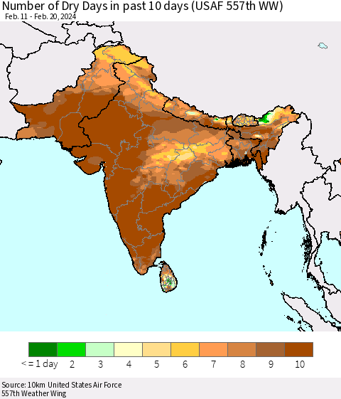 Southern Asia Number of Dry Days in past 10 days (USAF 557th WW) Thematic Map For 2/16/2024 - 2/20/2024