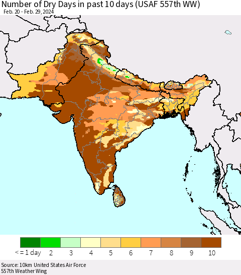 Southern Asia Number of Dry Days in past 10 days (USAF 557th WW) Thematic Map For 2/26/2024 - 2/29/2024