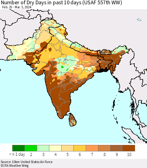 Southern Asia Number of Dry Days in past 10 days (USAF 557th WW) Thematic Map For 3/1/2024 - 3/5/2024
