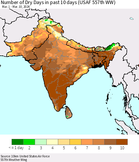 Southern Asia Number of Dry Days in past 10 days (USAF 557th WW) Thematic Map For 3/6/2024 - 3/10/2024