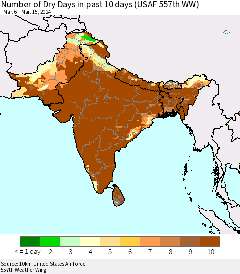 Southern Asia Number of Dry Days in past 10 days (USAF 557th WW) Thematic Map For 3/11/2024 - 3/15/2024