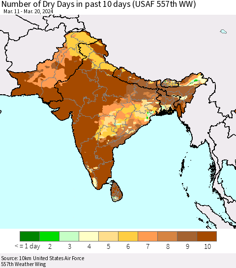 Southern Asia Number of Dry Days in past 10 days (USAF 557th WW) Thematic Map For 3/16/2024 - 3/20/2024