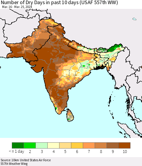 Southern Asia Number of Dry Days in past 10 days (USAF 557th WW) Thematic Map For 3/21/2024 - 3/25/2024