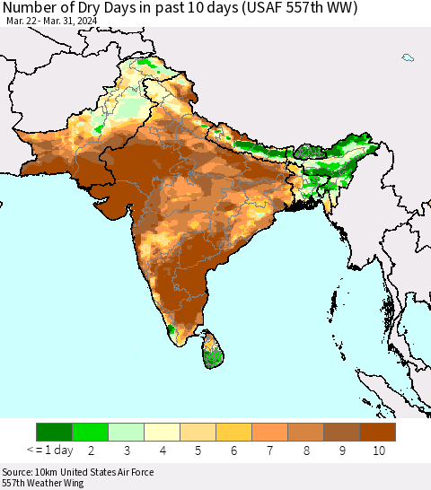 Southern Asia Number of Dry Days in past 10 days (USAF 557th WW) Thematic Map For 3/26/2024 - 3/31/2024