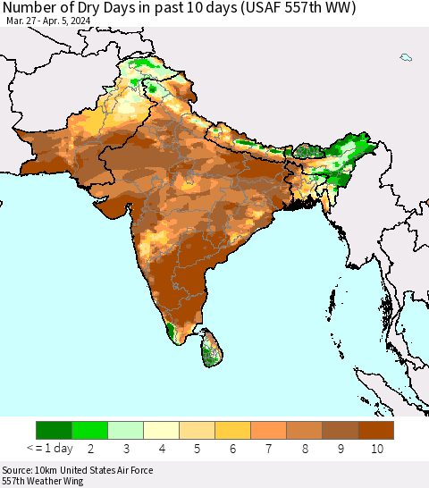 Southern Asia Number of Dry Days in past 10 days (USAF 557th WW) Thematic Map For 4/1/2024 - 4/5/2024