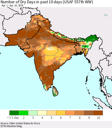 Southern Asia Number of Dry Days in past 10 days (USAF 557th WW) Thematic Map For 4/6/2024 - 4/10/2024