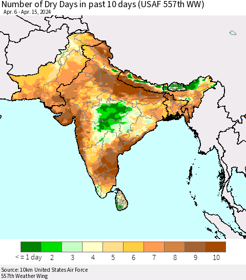 Southern Asia Number of Dry Days in past 10 days (USAF 557th WW) Thematic Map For 4/11/2024 - 4/15/2024