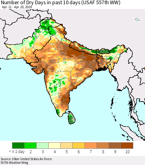 Southern Asia Number of Dry Days in past 10 days (USAF 557th WW) Thematic Map For 4/16/2024 - 4/20/2024